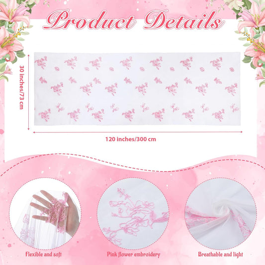 Tranqun 3 Pcs Pink and White Table Runner Floral Embroidered Table Runner Tulle 30 x 120 Inches Flower Sheer Tablecover Chinoiserie Decor Seasonal for Kitchen Dining Party Wedding