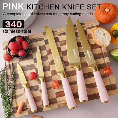 Kitchen Knife Set with Block and Sharpener, 7-Piece Knife Set for Chef, Pink Knife Holder Set, Gold-Plated Stainless Steel Kitchen Knife, Ergonomically Designed (Pink)