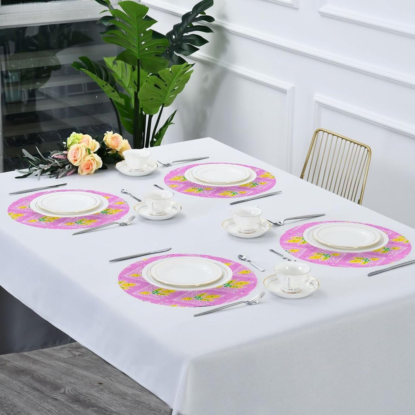 Yellow Peach Pattern rattan round placemats reusable chalkboard placemats pvc individuales para mesa de comedor elegantes 15.4x15.4in set of 6