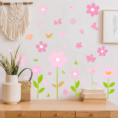 Pink Flower Wall Decals Butterfly Daisy Wall Stickers PVC Floral Decor for Girls Bedroom Living Room Nursery Kids Room