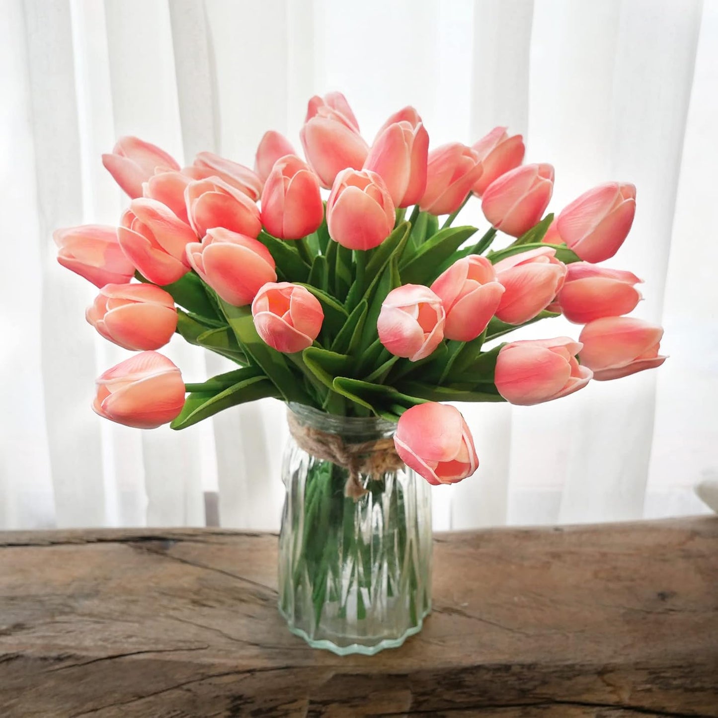KOILLUXU Artificial Flowers 30pcs Bouquet 14" Tall Real Touch Tulips, Peach Pink PU Fake Tulips Flowers for Arrangement Wedding Party or Easter Spring Home Centerpiece Dining Room Office Table Décor.