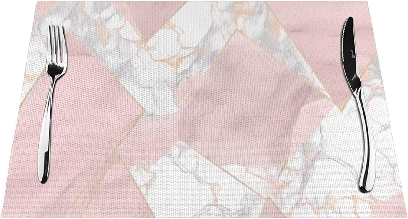 4 PCS Placemats Set Pink and Gold Marble Woven Placemats for Dining Table Heat Resistant Place Mats Non-Slip Washable PVC Table Mats for Party Kitchen Dining Decoration 12 x 18 Inch