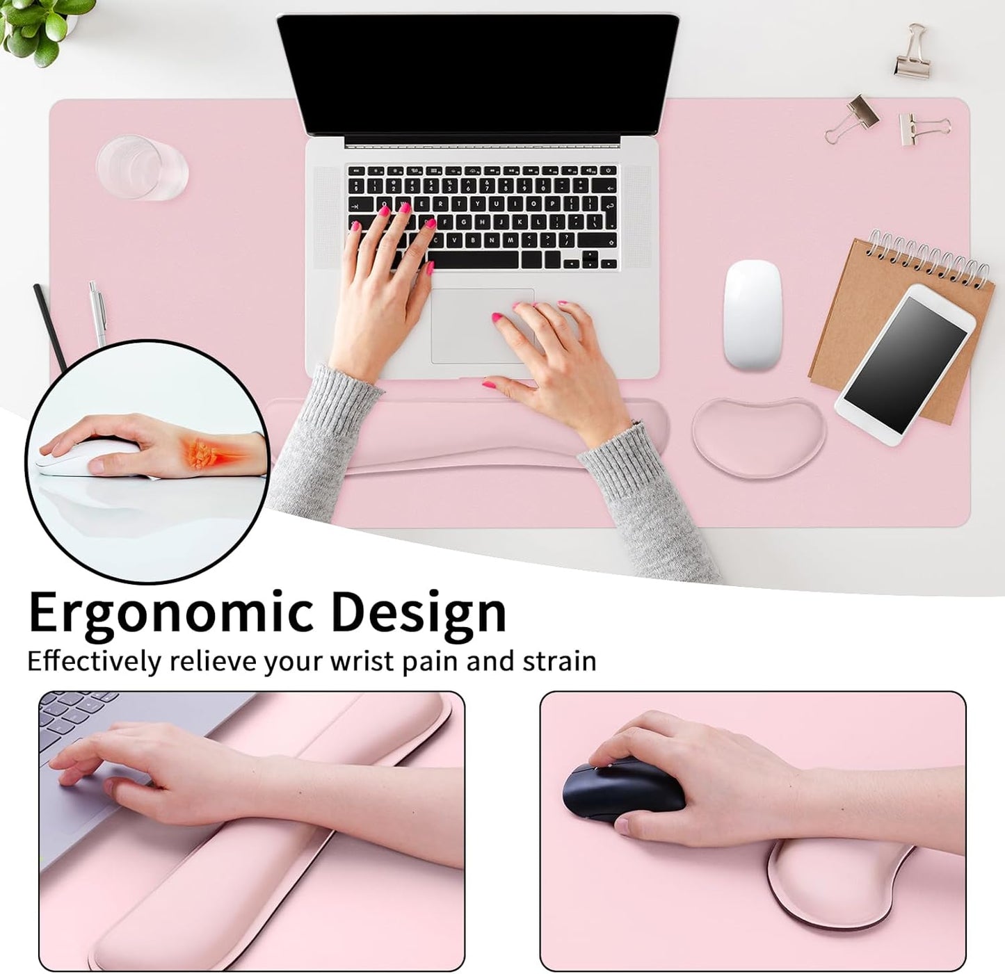 Mouse Pad and Keyboard Wrist Rest, Large Keyboard and Mouse Pad Set, Ergonomic Mousepad with Wrist Rest, Non-Slip Desk Mat Protector for Office, Home (31.5×15.7 Inches, Pink)