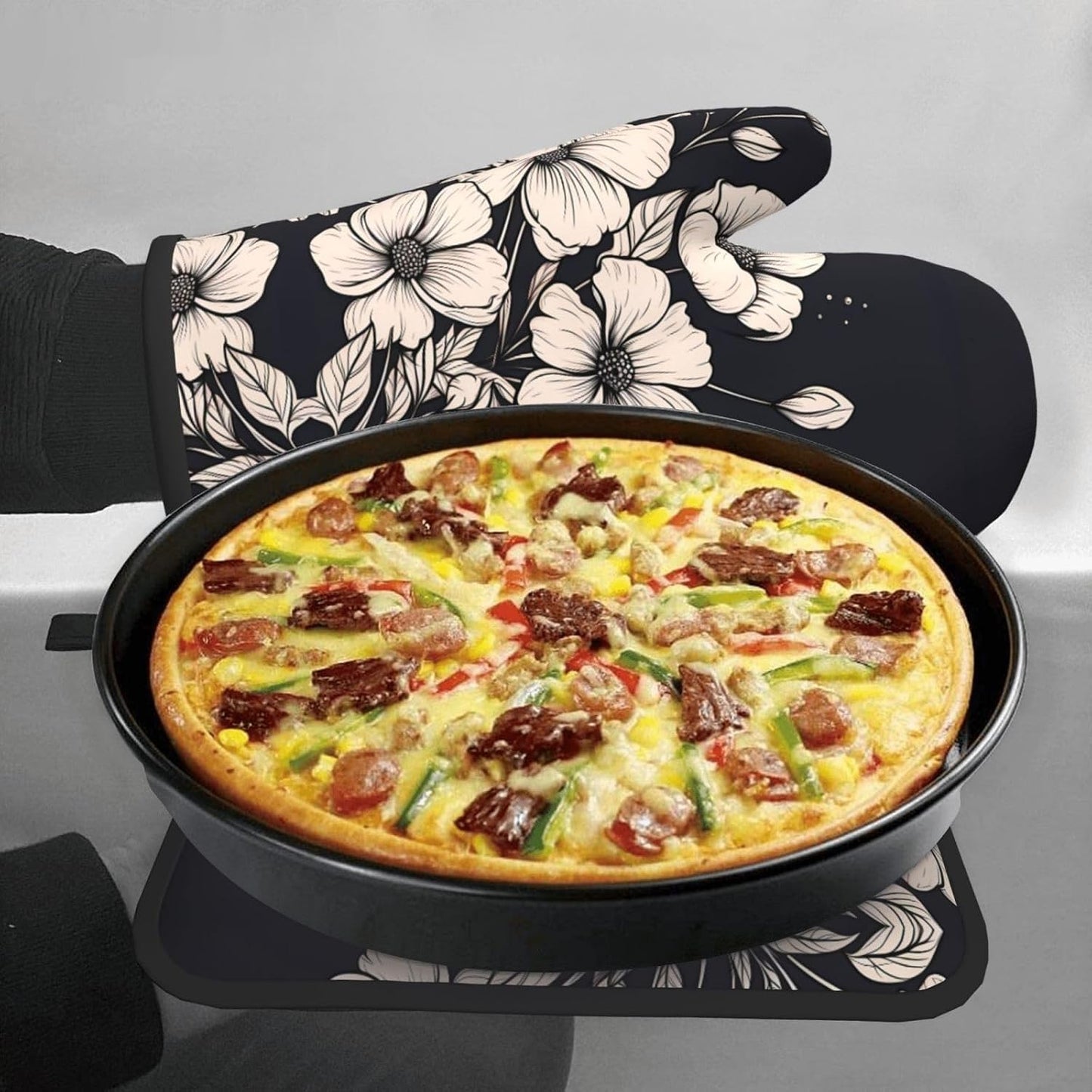 Light pink flowers Patterned Heat-Proof Gloves and Protective Mat Set (2-Piece) - For Ovens, Microwaves, and Grills