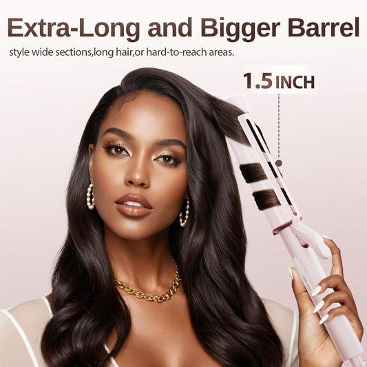 1.5 Inch Extra Large Curling Wand for Long Hair - Ceramic Tourmaline Barrel with 40000000 Negative Ions, Defined Curls and Easy to Use with Temperature Control for All Hair Types