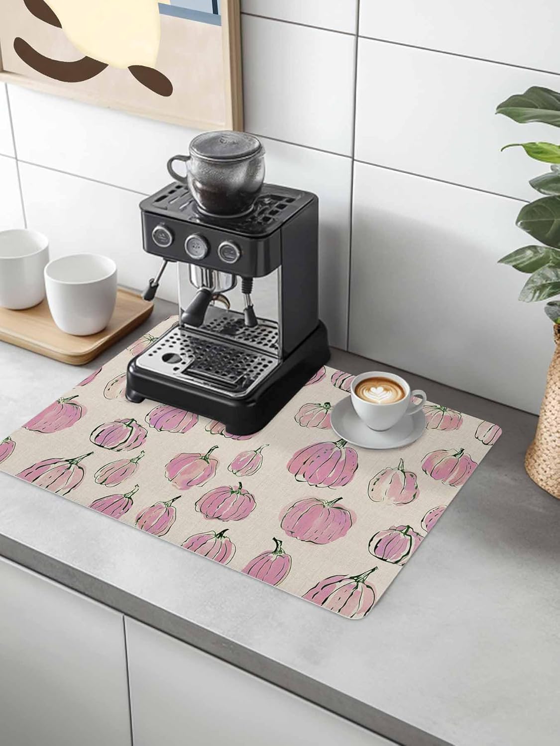Coffee Mat for Countertops Fall Thanksgiving Light-pink Pumpkin Pattern Retro Linen Absorbent Dish Drying Mat for Kitchen Counter Coffee Bar Accessories Rubber Backed for Espresso Machine 16" x 18"