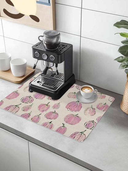 Coffee Mat for Countertops Fall Thanksgiving Light-pink Pumpkin Pattern Retro Linen Absorbent Dish Drying Mat for Kitchen Counter Coffee Bar Accessories Rubber Backed for Espresso Machine 16" x 18"