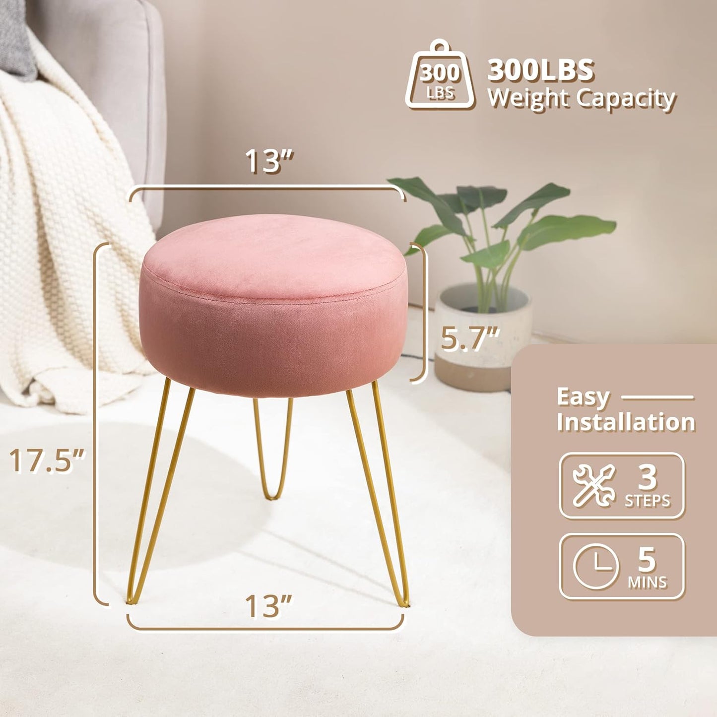 LUE BONA Vanity Stool, Pink Vanity Stools for Makeup Room, Round Ottoman Foot Stool, Velvet Footrest Vanity Chair for Bathroom Vanity, Bedroom, Living Room, Entryway, Offices, 300lbs