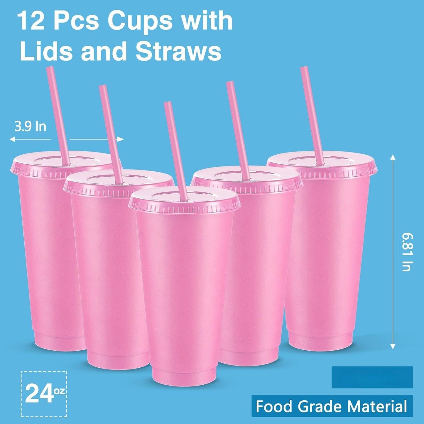 Amyhill 12 Pcs Reusable Plastic Cup with Lid and Straw 24 oz Plastic Tumbler Bulk Iced Coffee Cup Travel Mug for Girl Smoothie Juices Wedding Graduation Birthday Sleepover Party Supplies(Light Pink)