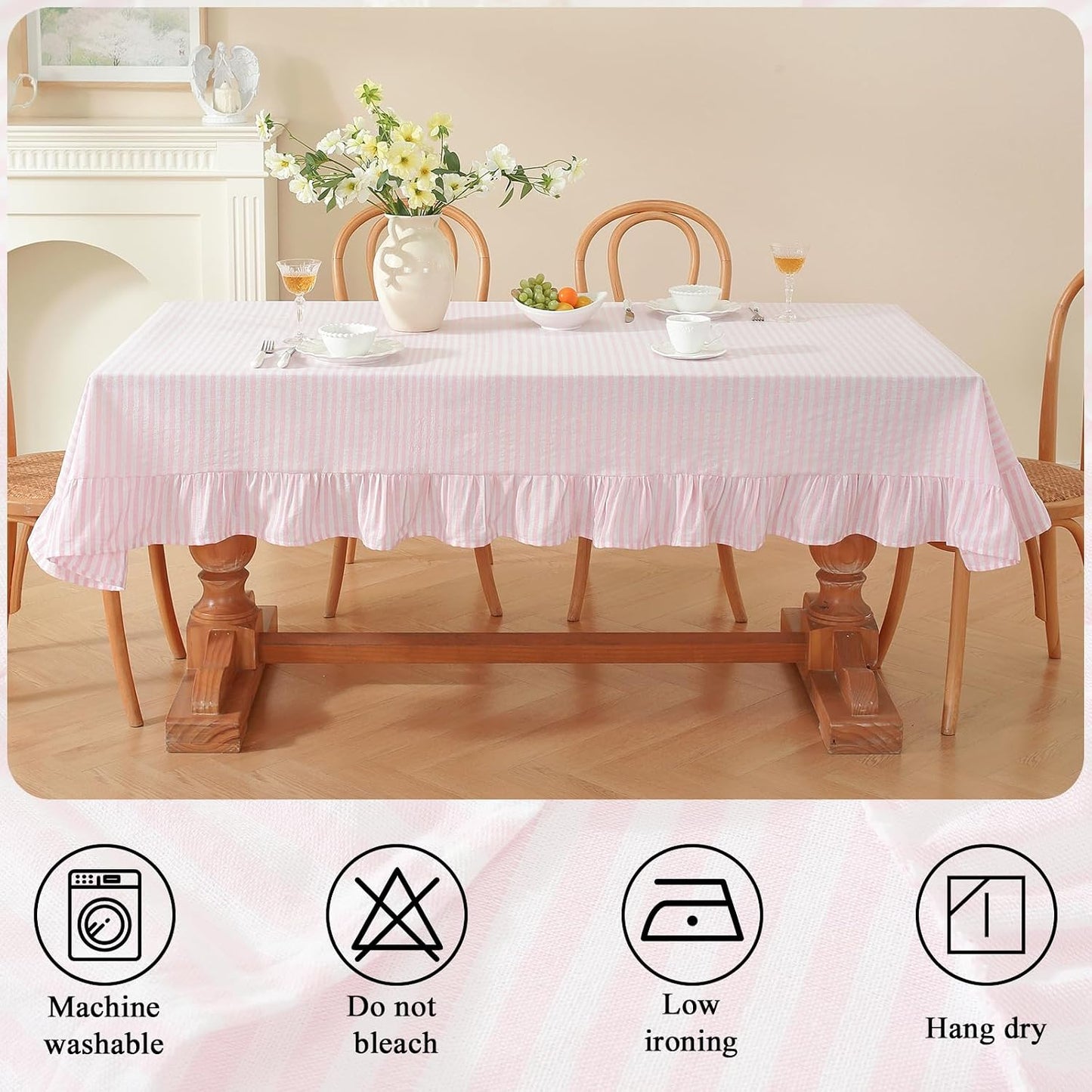 meioro Striped Ruffled Tablecloth Square Spring Cotton Blend Stripe Table Cloth with Tassel, Farmhouse Washable Wrinkle Free Heavy Table Cover for Valentines Day Outdoor Picnic Party, Pink, 55''x55''