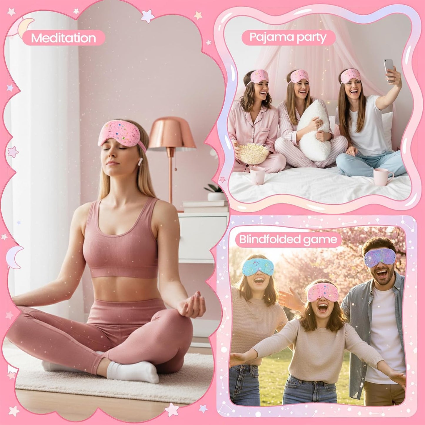 UTENEW 4 Pieces Glitter Stars Pattern Plush Sleep Mask, Soft Eye Cover, Faux Fur Sleeping Blindfold Eyeshade with Elastic Strap & Satin Back for Travel Sleepover Nap Party Supply Girls Women, 4 Colors