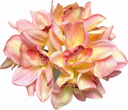 12 PCS High Quaulity Latex Real Touch Cymbidium Orchid Artificial Flower Bouquet for Wedding Holiday Bridal Bouquet Home Party Decor Bridesmaid (Pink)