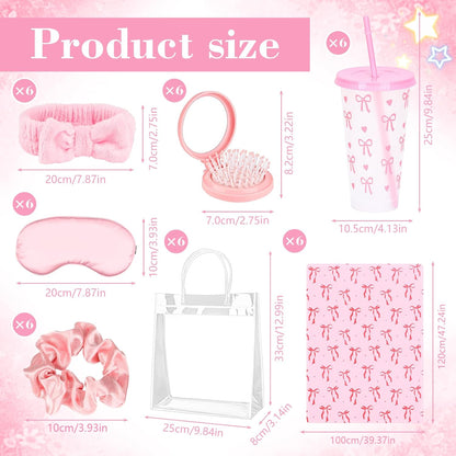 42PCS Sleepover Party Supplies for Girls, 6 Pink Bow Blanket 6 Tumbler 6 Spa Headb 6 Sleep Eye Mask 6 Scrunchies 6 Bags 6 Mirrors Combs for Spa Birthday Slumber Party Gifts-Pink Bow