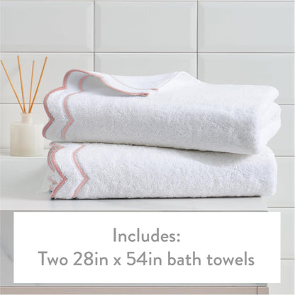 Peri Home 2 Piece Bath Towel Set, 500 GSM, 100% Cotton Towel for Bathroom, Embroidered, Soft & Absorbent, White with Blush Scallop