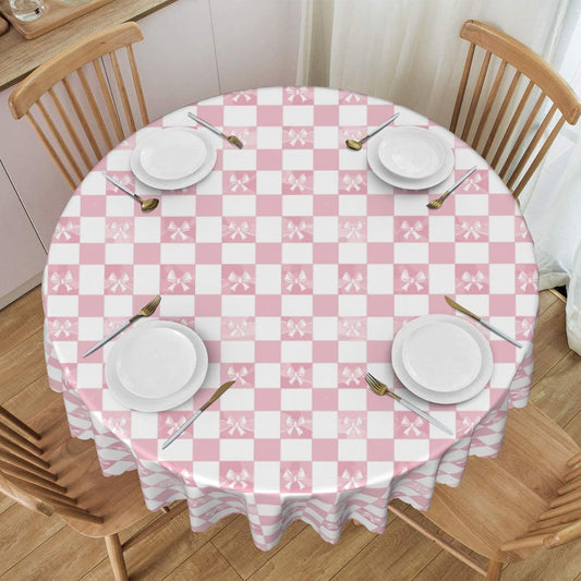 Tablecloth Pink Check Bow Pattern Round 60 x 60 Inch Table Cover Polyester Stain and Wrinkle Resistant Table Cloth for Kitchen Dining Coffee Party