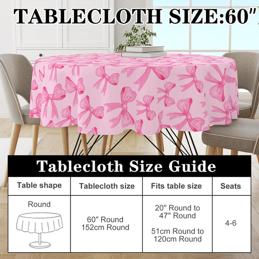 FYSUIMU Pink Bow Round Tablecloth 60 Inch Trendy Ribbon Bowknot Fabric Cloth Washable Table Cover for Picnic Dinner Table Decoration