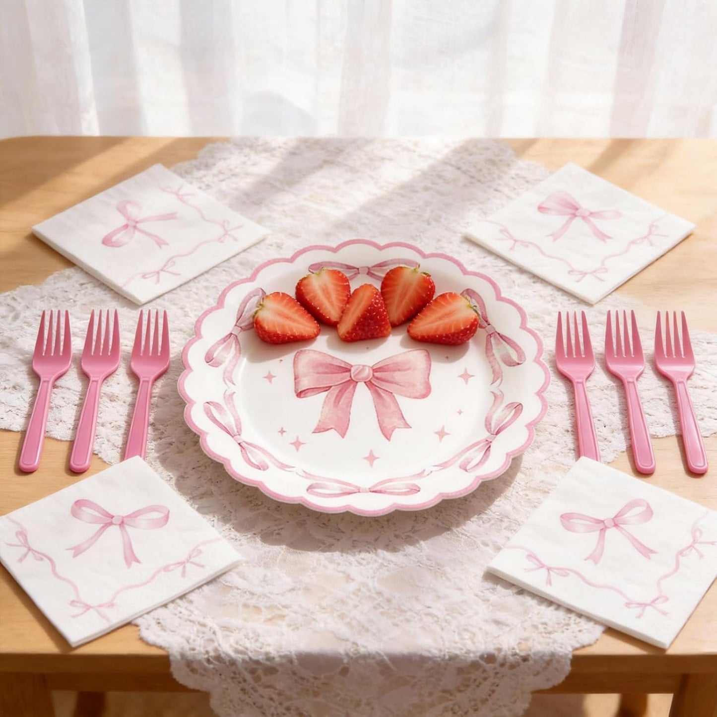 Pink Bow Party Supplies Set for 24 Guests, 96PCS Pink Disposable Tableware Set Includes Plates, Napkins & Forks, Aesthetic Baby Shower Birthday Bridal Shower Girl Party Decorations