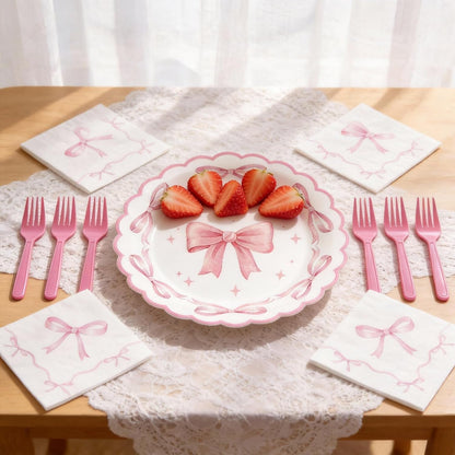 Pink Bow Party Supplies Set for 24 Guests, 96PCS Pink Disposable Tableware Set Includes Plates, Napkins & Forks, Aesthetic Baby Shower Birthday Bridal Shower Girl Party Decorations
