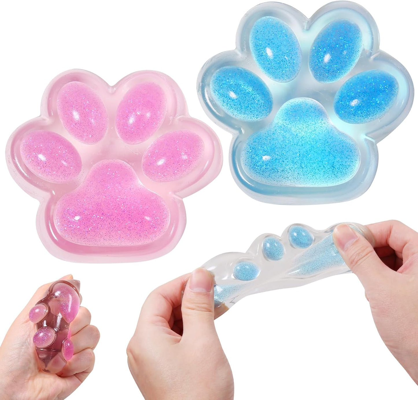 2pcs Pink Blue Squishy Cat Paw Squeeze Toys, Ice Through Sparkling Powder Kawaii Sticky Squishies PVC Toys, Stress Relieving Fur Ball OPP Packaging Gifts for Kids Teenage (2pcs Pink Blue)