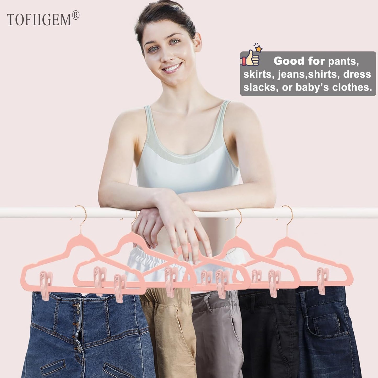 TOFIIGREM Light Pink Velvet Hangers Clips 20 PCS, Non-Slip Velvet Clip for Pant Skirt Velvet Hangers, Strong Flocking Hangers Clips