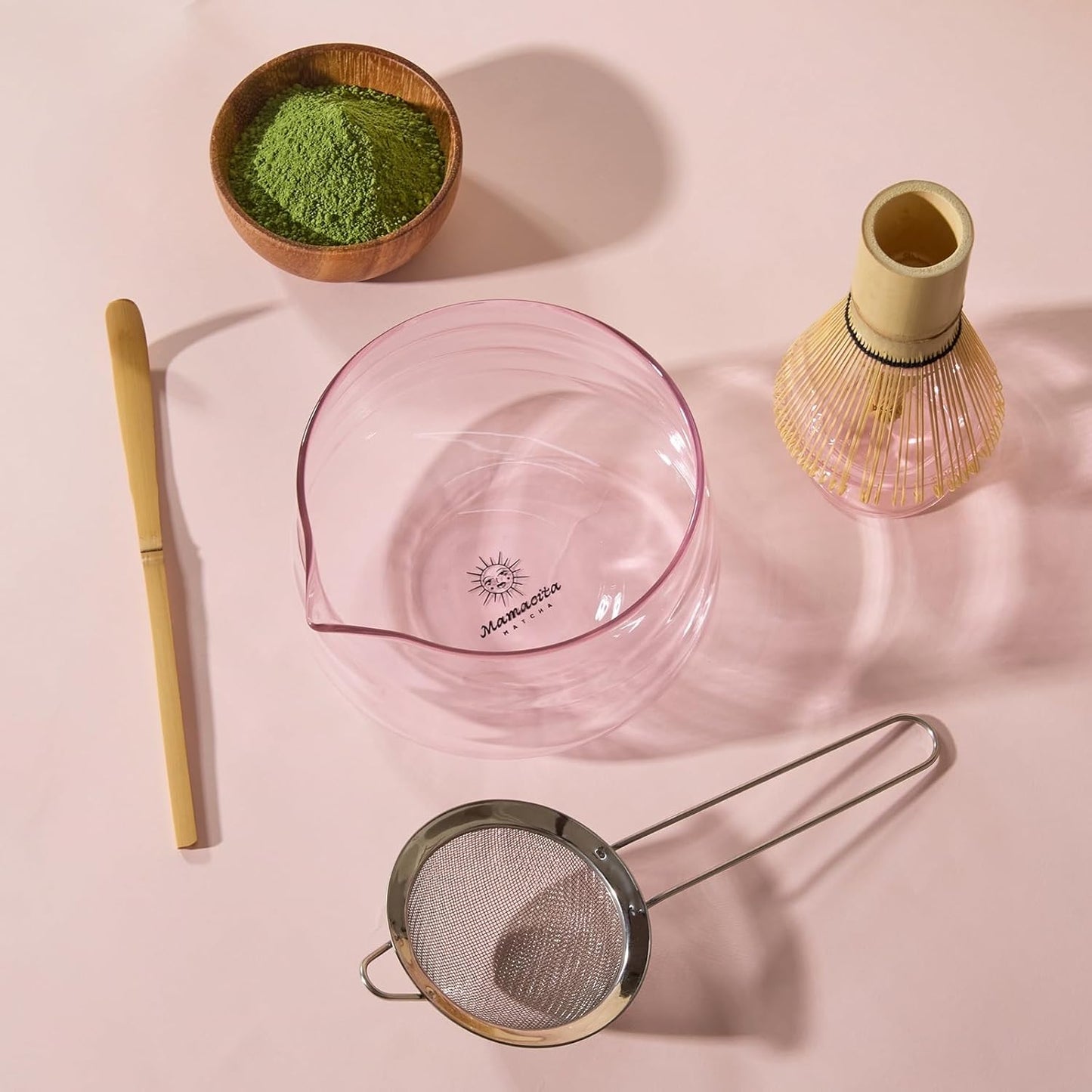 Matcha Whisk Set, 5-Piece Matcha Bowl and Whisk Kit with Bamboo Scoop, Glass Matcha Bowl, Holder, and Sieve – Handmade Borosilicate Glass (Rose Petal Pink)