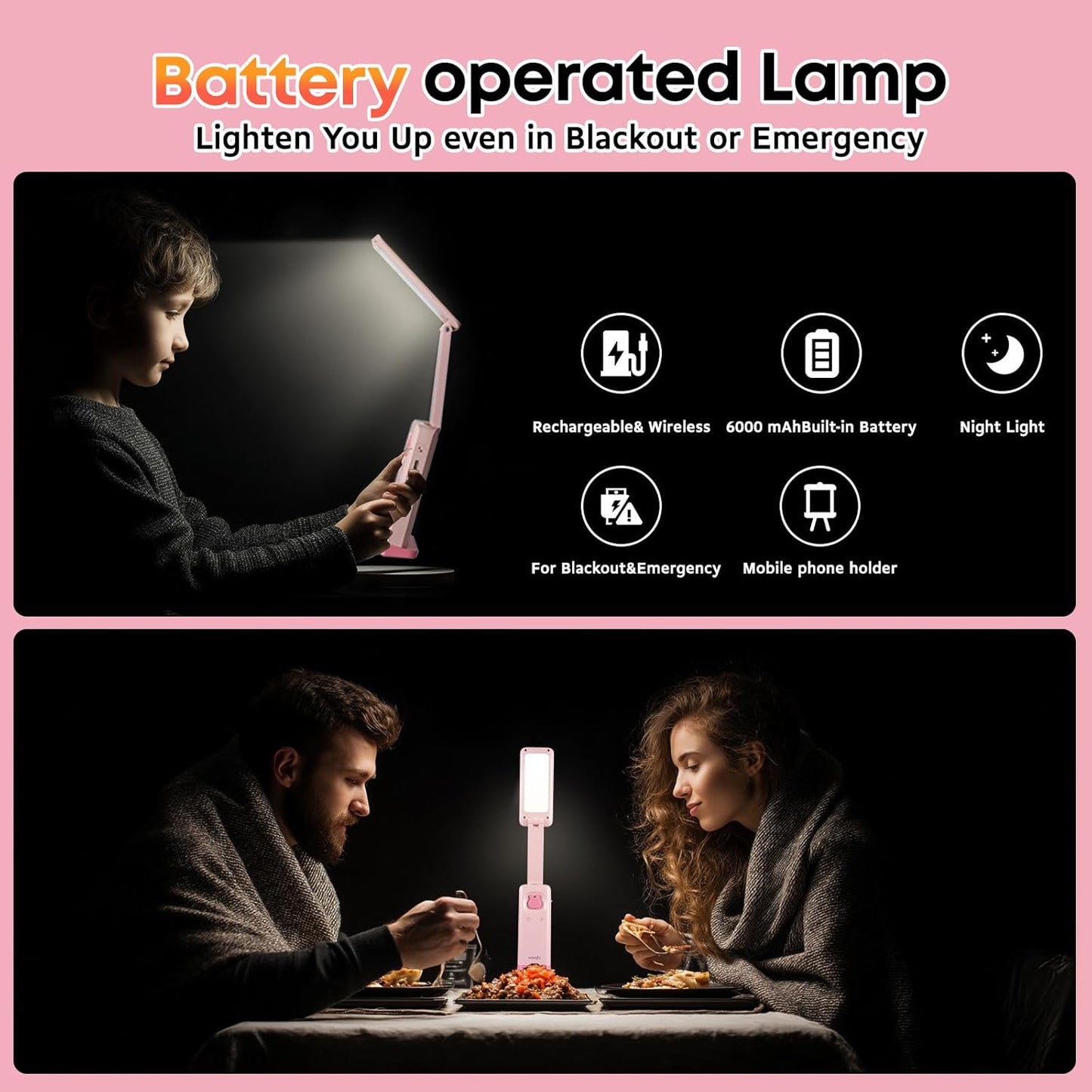 VAVOFO Cute Bunny Desk Lamp, Foldable LED Rechargeable Table Light, Eye-Caring Reading Lamp, 3 Color Modes & Dimmable, for Kids Girls Bedroom Study Dorm Room(Pink)