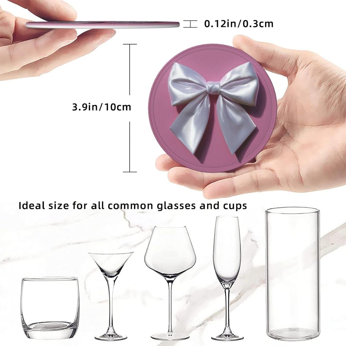 White Satin Bow On Light Pink Premium Leather Coasters, Set of 6 with Holder, Stylish Beverage Coasters for Kitchen Coffee Bar