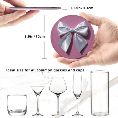 White Satin Bow On Light Pink Premium Leather Coasters, Set of 6 with Holder, Stylish Beverage Coasters for Kitchen Coffee Bar