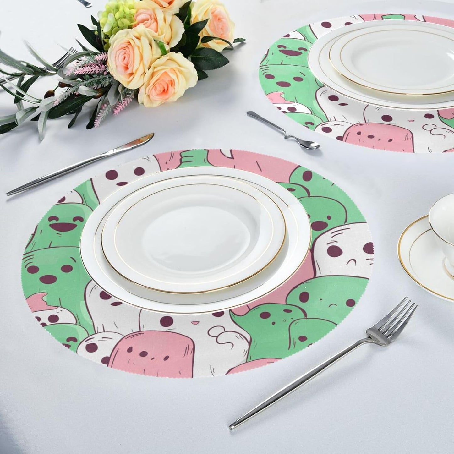 Green and Peach Unique Pattern Round Table placemat Reusable placemats Washable placemats for Dining Table Dining Table Decor Waterproof placemats for Kitchen Table Dining Table mats Set of 6