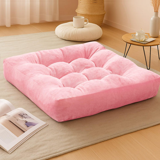 Meditation Floor Pillow Pink, Square Large Pillows Seating for Adults and Teens, Tufted Corduroy Cushion for Living Room Tatami, 22x22 Inch, 1 Count (Pack of 1)