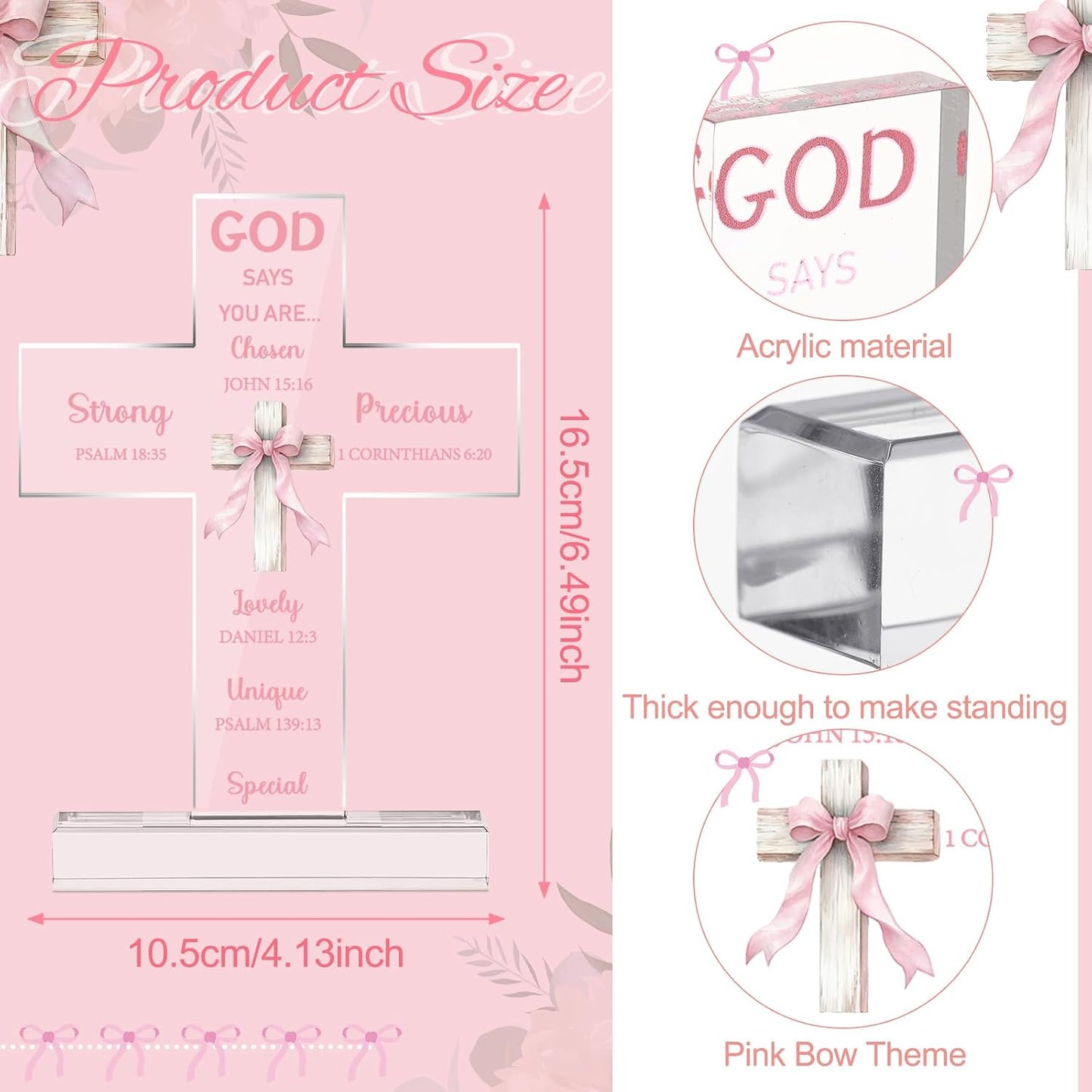 Novabright Pink Bow Room Decor, Pink Bow Christian Acrylic Cross Centerpieces, Inspirational Bible Verse Quotes Gifts for Women, Coquette Centerpieces Decor for Office Desk Accessories(Classic)