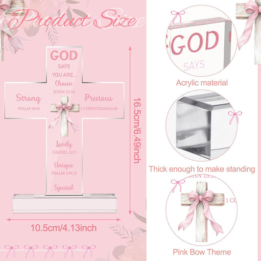 Novabright Pink Bow Room Decor, Pink Bow Christian Acrylic Cross Centerpieces, Inspirational Bible Verse Quotes Gifts for Women, Coquette Centerpieces Decor for Office Desk Accessories(Classic)