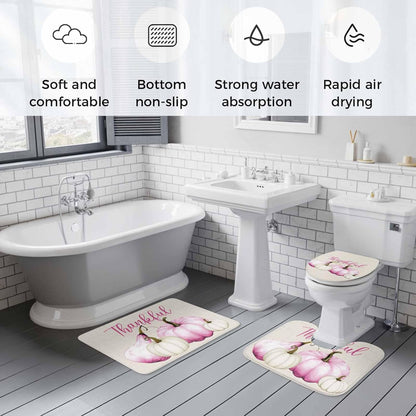 Pink White Pumpkin Bathroom Rug Sets 3 Piece, Non Slip Bath Mat, Fall Thanksgiving Retro Light Beige Absorbent Floor Mats Bath Rugs with U-Shaped Contour Rug Toilet Lid Cover Bathroom Decor Small