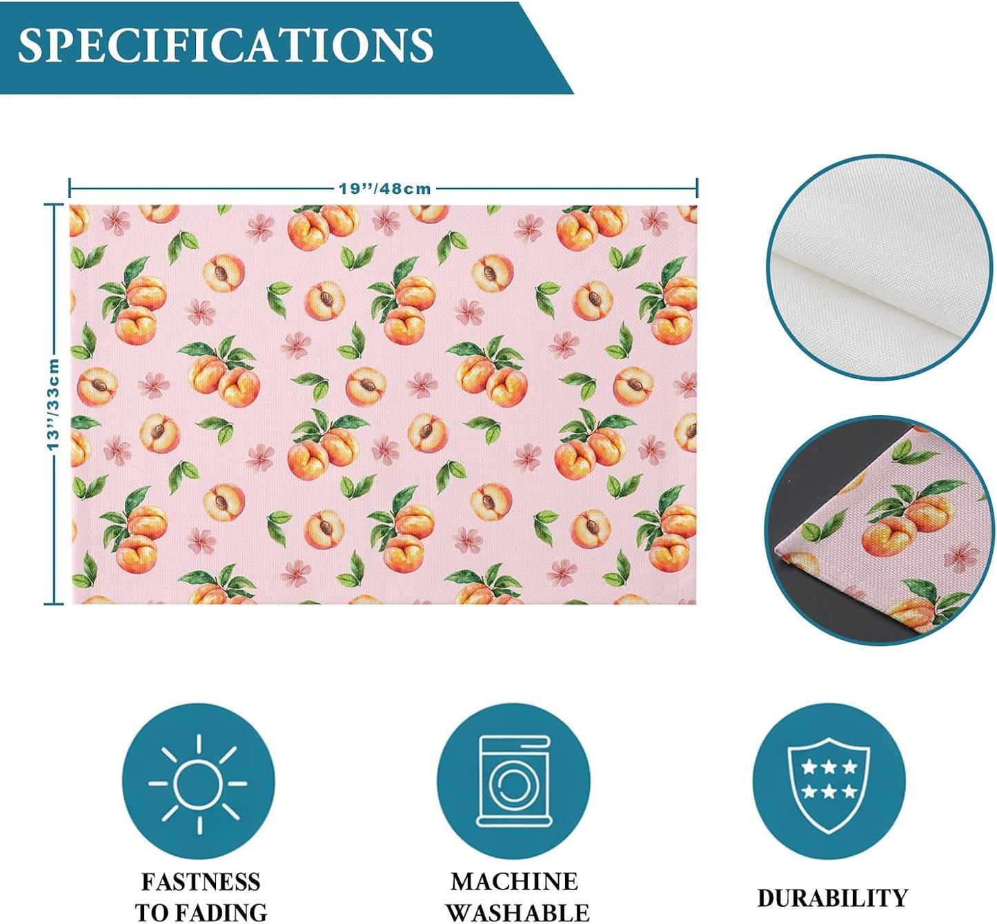Pink Peaches Placemat Set of 6 Non-Slip Placemats for Dining Table Flowers Summer Fruit Washable Table Mats, Heat Resistant Kitchen Table Mats for Party, Dining Room & Home Decor