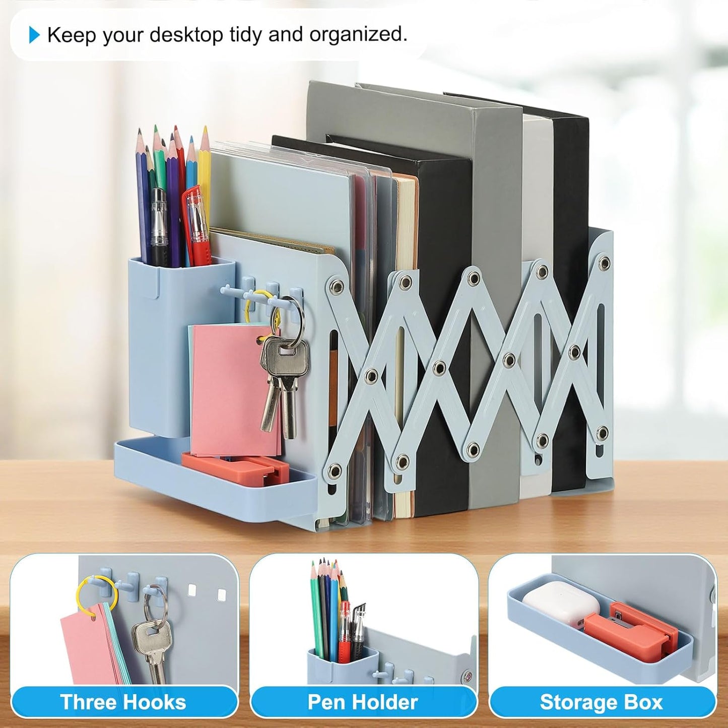 PATIKIL Adjustable Book Ends, 7.5" Tall Heavy Duty Metal Adjustable Bookends Book Holders Organizer with Removable Pen Holder Tray and 3 Hook-up for Heavy Books Desk Office Home, Pink