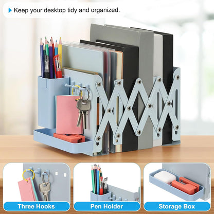 PATIKIL Adjustable Book Ends, 7.5" Tall Heavy Duty Metal Adjustable Bookends Book Holders Organizer with Removable Pen Holder Tray and 3 Hook-up for Heavy Books Desk Office Home, Pink