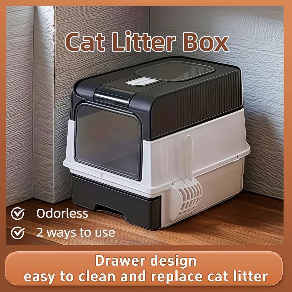 Foldable Enclosed Cat Litter Box with Drawer and Lid - Top Entry Splash-Proof Cat Toilet, Odor-Proof and Leak-Proof and Spaceful, Lightweight and Portable Pet Toilet with Scoop (Pink)