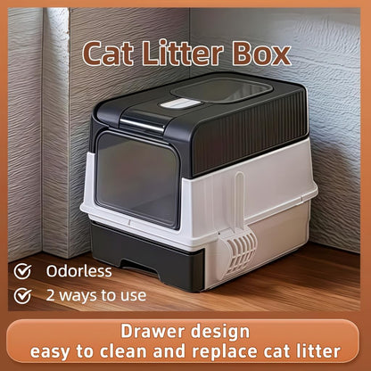 Foldable Enclosed Cat Litter Box with Drawer and Lid - Top Entry Splash-Proof Cat Toilet, Odor-Proof and Leak-Proof and Spaceful, Lightweight and Portable Pet Toilet with Scoop (Pink)