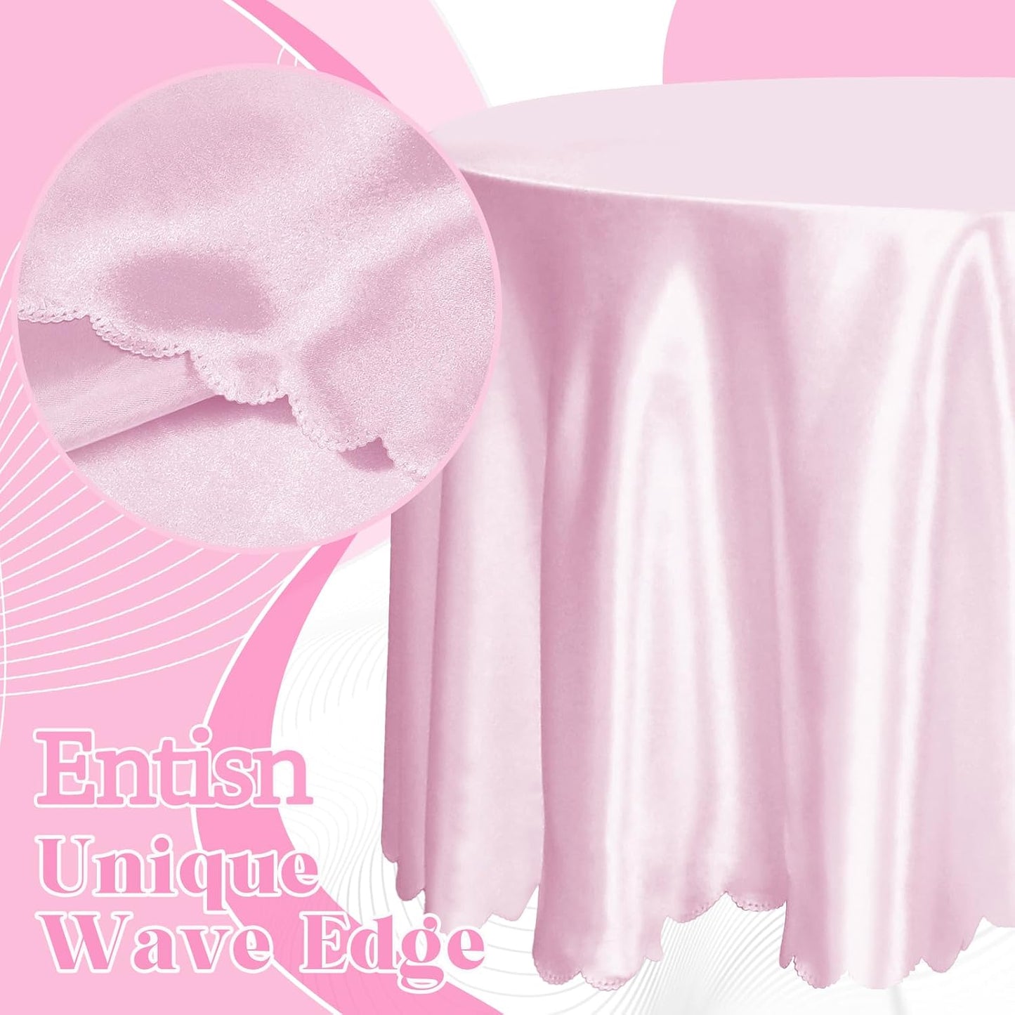 Entisn 1 Pack 90 Inch / 7.5 Ft Round Tablecloth, Pink Satin Table Cloth for 30-72 Inch Table, Overlay Bright Silky Satin Table Cover, Wrinkle Resistant Table Decoration for Wedding Banquet Party