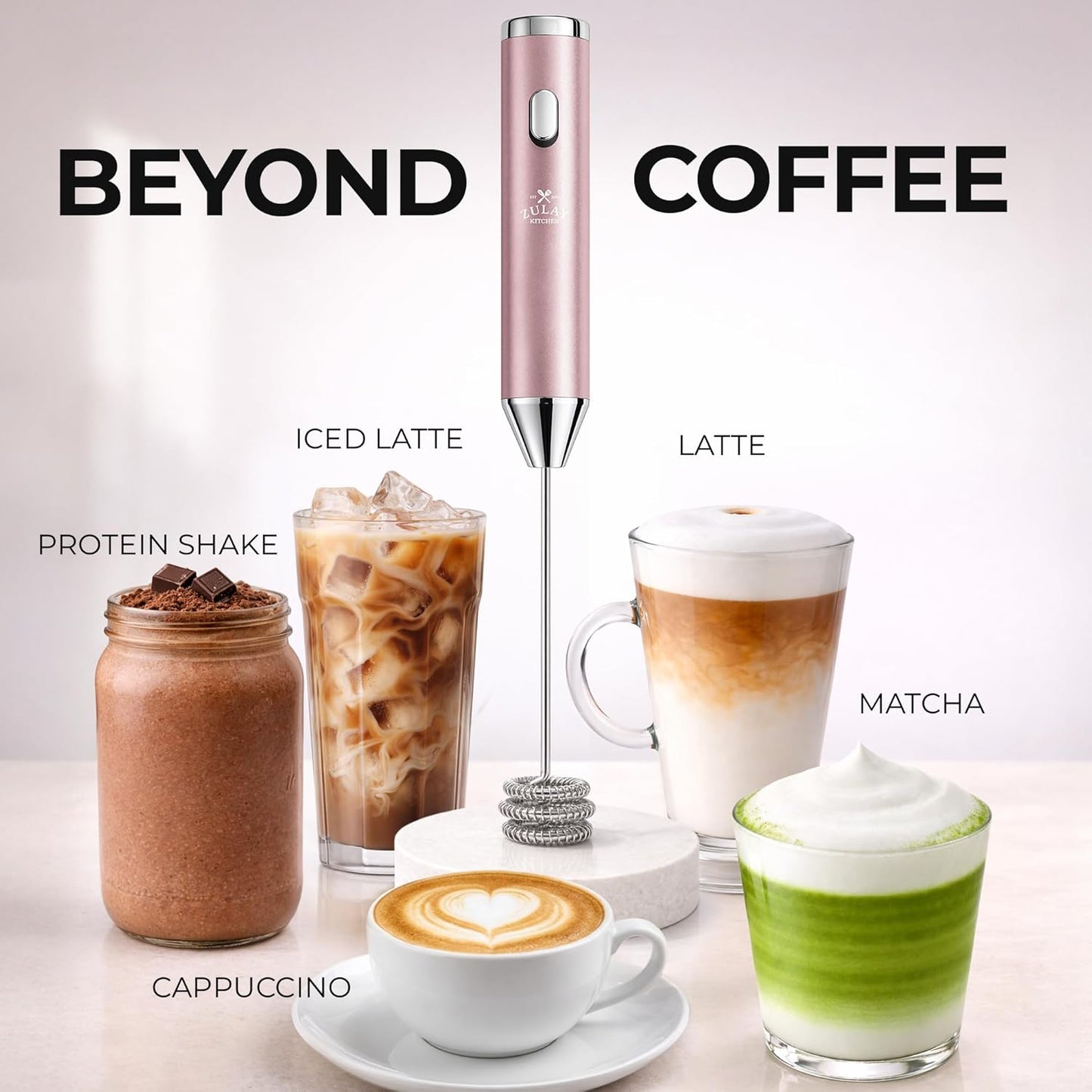 Zulay Kitchen Rechargeable Milk Frother Handheld - Frother Wand, Drink Mixer, Electric Whisk Frother, for Cappuccinos, Matcha & Protein Powder - Ultra Metal 3 Whisk, 1800mAh Pink