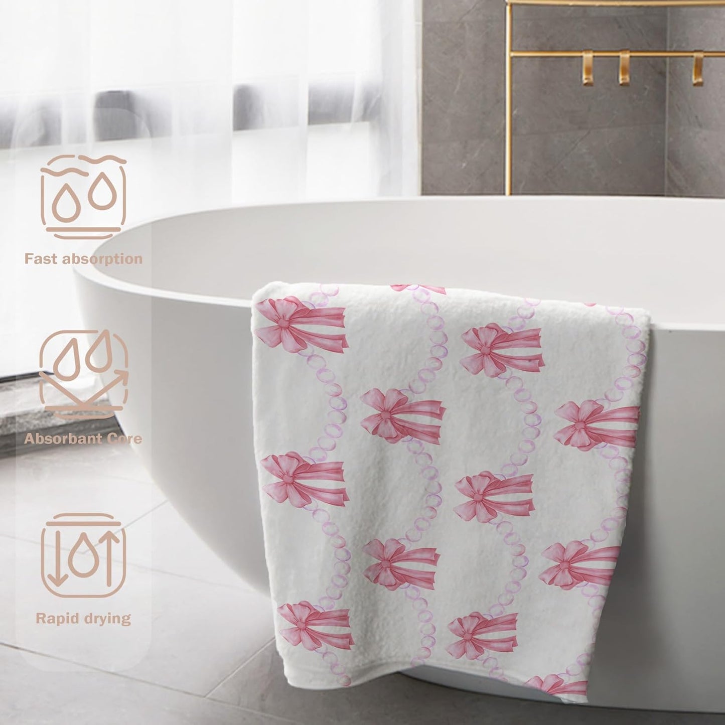 Coquette Pink Bow Beach Towel, Preppy Girls Bath Towels, Pink Bow Gifts for Women, Preppy Girly Aesthetic Pool Swim Towels for Girls Bathroom Decor, 60x30 Inches