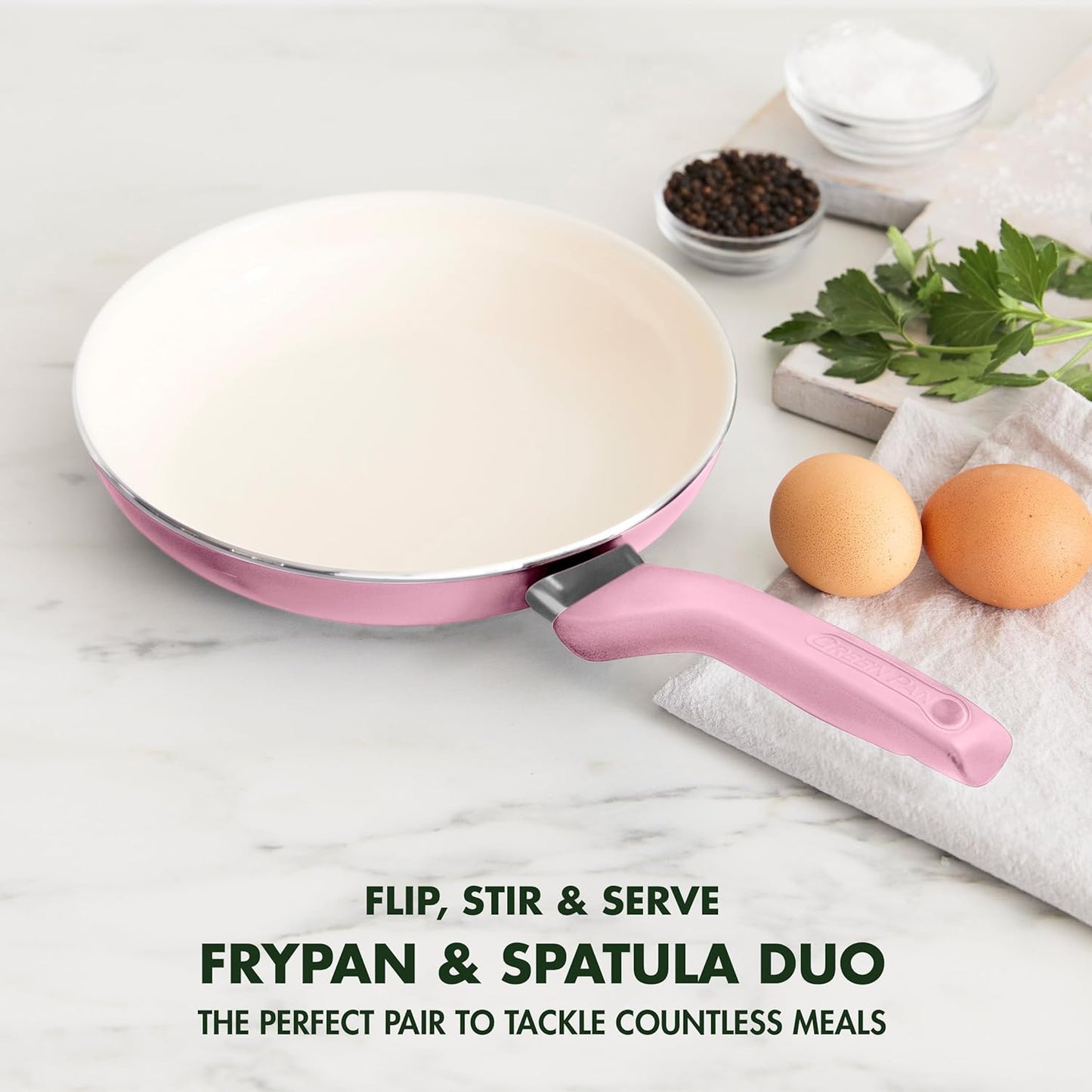 GreenPan Rio Healthy Ceramic Nonstick 8" Frying Pan Skillet and Silicone Spatula Set, Soft Grip Handle, Breaktfast Meal Set, PFAS-Free, Dishwasher Safe, Oven Safe, Pink