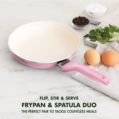 GreenPan Rio Healthy Ceramic Nonstick 8" Frying Pan Skillet and Silicone Spatula Set, Soft Grip Handle, Breaktfast Meal Set, PFAS-Free, Dishwasher Safe, Oven Safe, Pink