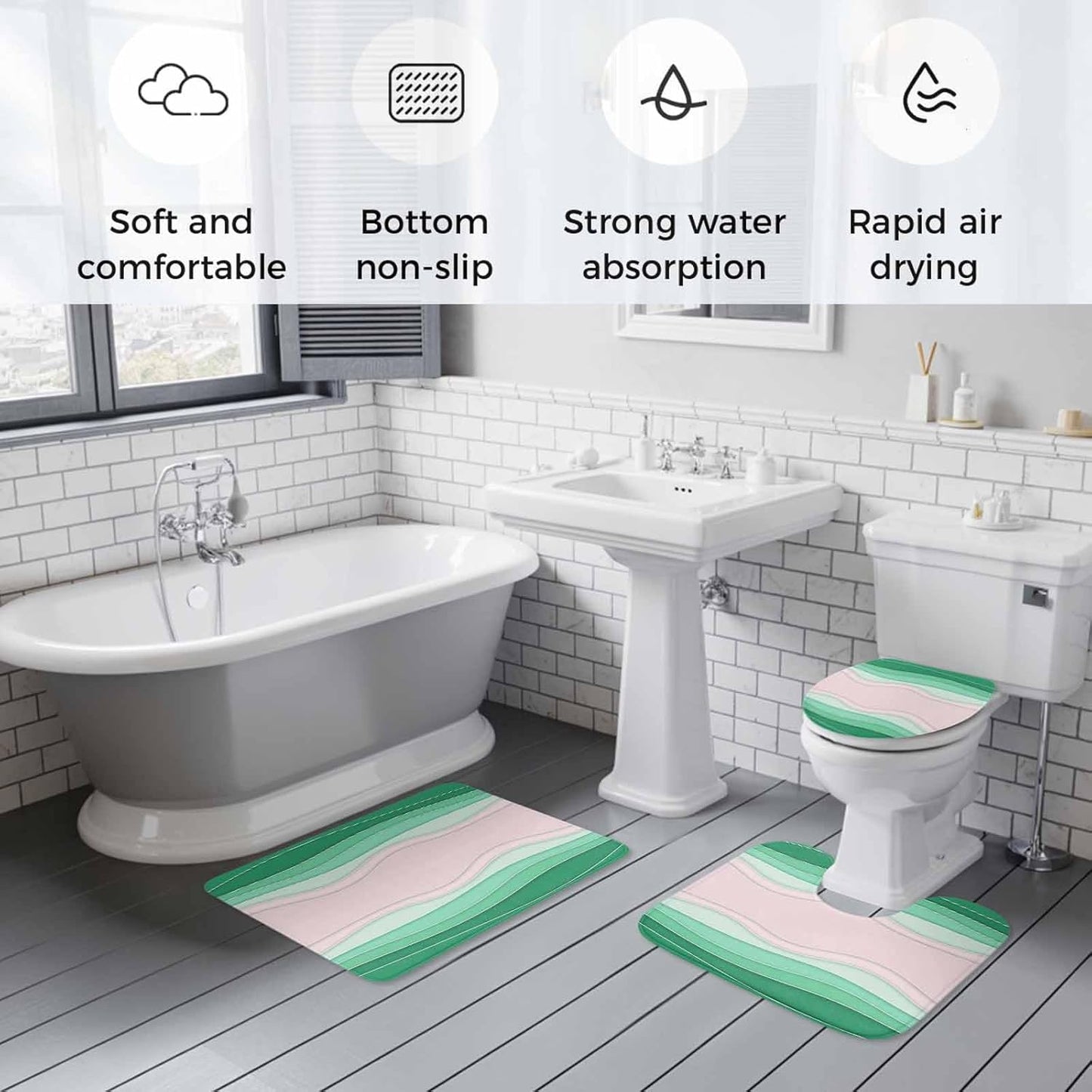 Green Stripes Bathroom Rugs Mat Sets 3 Piece, Light Pink Ombre Simple Abstract Lines Bath Shower Rugs with U-Shaped Contour Toilet Mat, Small Absorbent Bathtub Runner Rugs Floor Mats