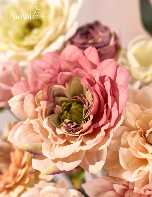 Light Pink Flowers Artificial Roses Combo Set Fake Pink Silk Flowers Faux Flowers Mix Dahlia with Stems for Wedding Bouquets Baby Bridal Shower Party Floral Arrangements Decor