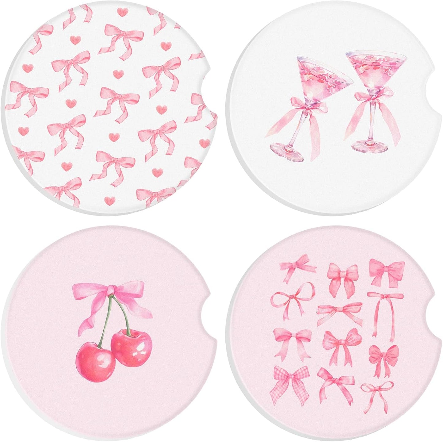 Boao 4 Pcs Car Cupholder Coasters for Valentine's Day, Ceramic Coasters 2.56'' Anti Slip Base with Finger Notch for Dry Clean, Car Interior Accessories, Birthday Gifts(Pink Bow)