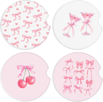 Boao 4 Pcs Car Cupholder Coasters for Valentine's Day, Ceramic Coasters 2.56'' Anti Slip Base with Finger Notch for Dry Clean, Car Interior Accessories, Birthday Gifts(Pink Bow)