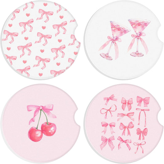 Boao 4 Pcs Car Cupholder Coasters for Valentine's Day, Ceramic Coasters 2.56'' Anti Slip Base with Finger Notch for Dry Clean, Car Interior Accessories, Birthday Gifts(Pink Bow)