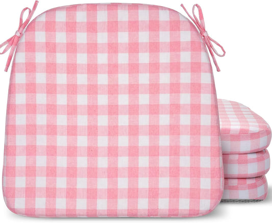 Geetery D-Shaped Checkered Chair Cushion for Dining 17"x16"x2" Thick Buffalo Plaid Non-Slip Chair Pad with Ties and Removable Cover for Home Outdoor Patio Room Indoor Seat Cushion (Pink)