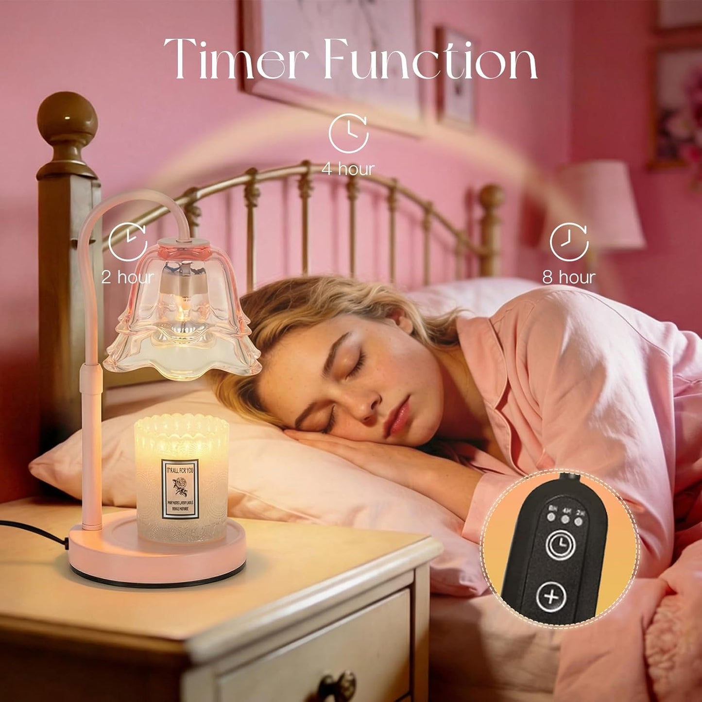 Candeldo Candle Warmer Lamp with Timer: Pink Flower Candle Warming Lamp with 2 Bulbs Height Adjustable Wax Warmer Dimmable Coquette Preppy Room Home Decor for Women